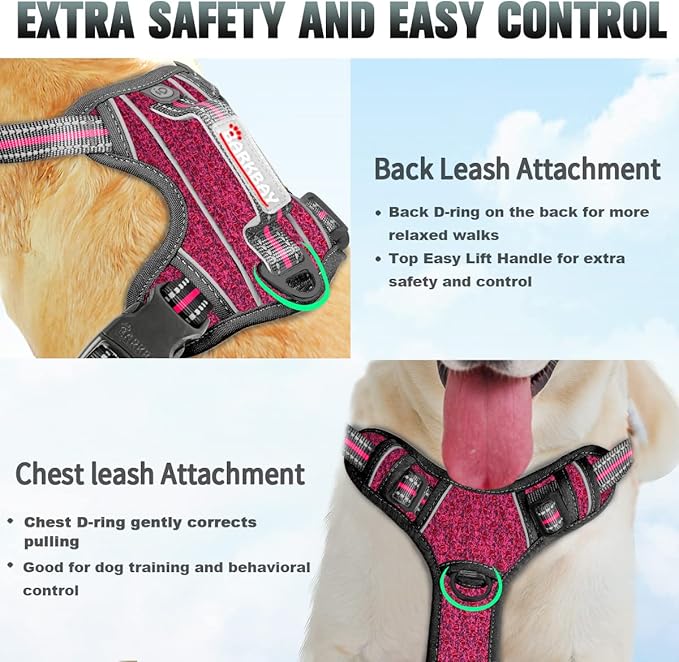 BARKBAY No Pull Dog Harness Large Step in Reflective Dog Harness with Front Clip and Easy Control Handle for Walking Training Running with ID tag Pocket(Pink/Black