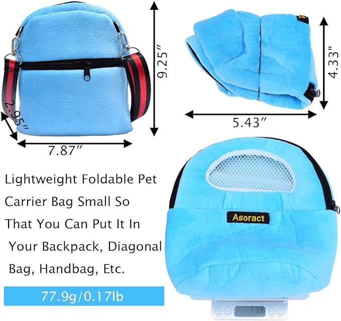 Hamster Carrier Bag, Upgraded Small Animal Bonding Soft Hedgehog Pouch Portable Outgoing Travel Bag with Adjustable Strap and Breathable Mesh for Squirrel Mice Sugar Glider Etc (Blue, L)