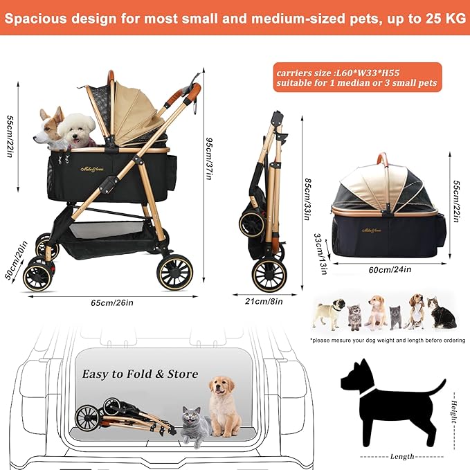 MILA&LOUIS 3 in 1 Folding Pet Stroller 4 Wheels 30lbs, Dog/Cat