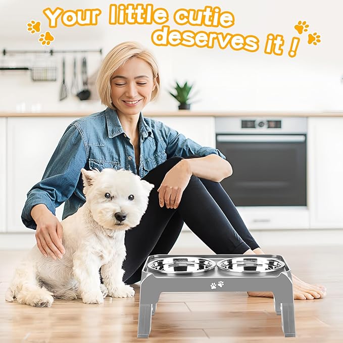 Elevated Dog Bowls for Small Medium Dogs 3 Height Adjustable Raised Dog Bowl Stand with 2 Thick 6" Stainless Steel Dog Food Bowls Non-Slip Dog Feeder Adjusts to 2.75" 6", 7.5",