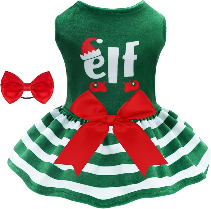 CuteBone Elf Dog Dresses Velvet Holiday Small Dogs Clothes Onesie Pet Apparel Girl Puppy Skirt with Bow Hair Rope CVA55XS-D
