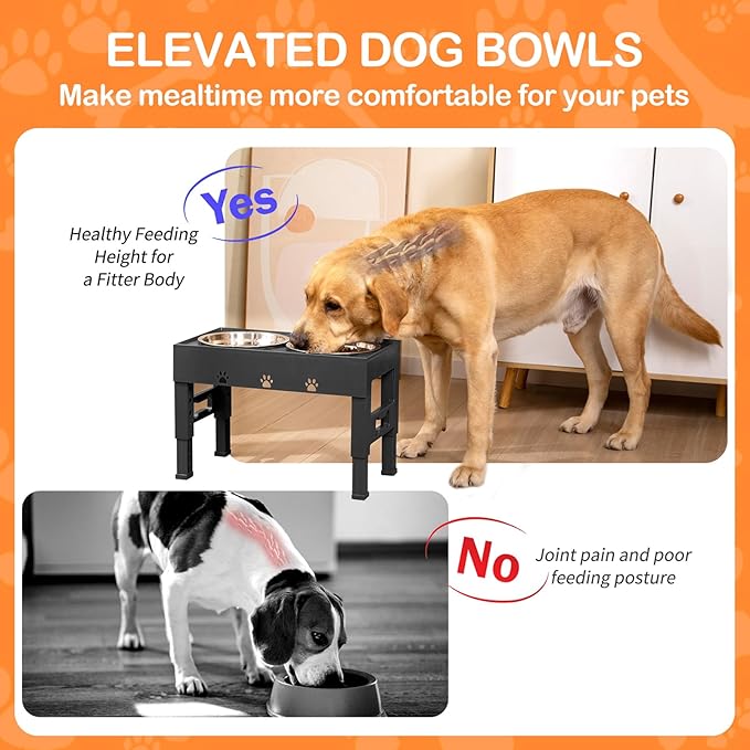 Elevated Dog Bowls 5 Height Adjustable with 2 Stainless Steel Dog Food Bowls Stand Non-Slip No Spill Dog Dish Raised Dog Bowl Adjusts to 3.1” 9”, 10”, 11”, 12”