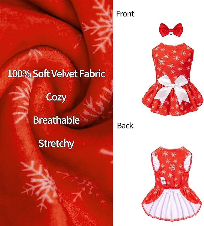 CuteBone Dog Dresses Velvet Holiday Small Dogs Clothes Onesie Pet Apparel Girl Puppy Skirt with Bow Hair Rope CVA36L