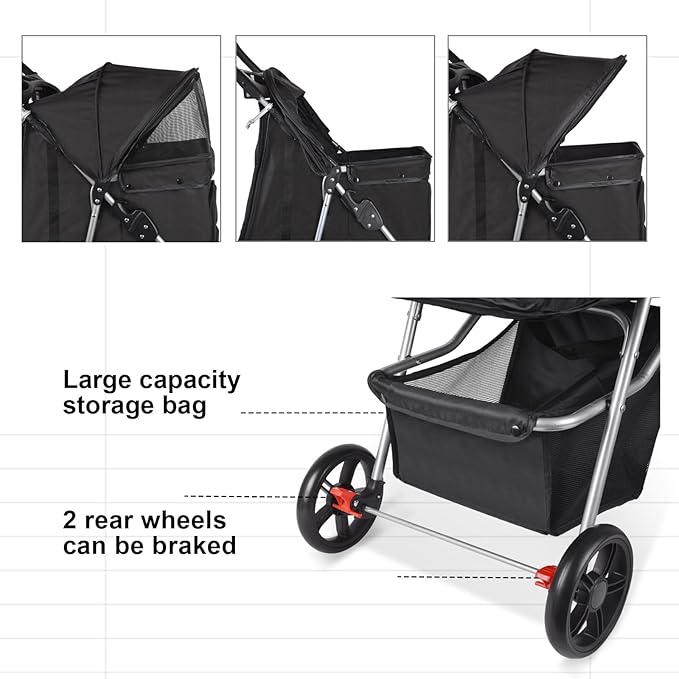 Petmolico Folding Dog Stroller Pet Stroller Waterproof Cats Travel Carrier Puppy Stroller with Cup Holder & Removable Liner
