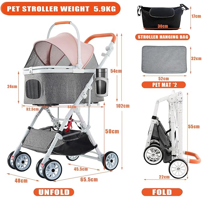 Pet Stroller 33 Lbs,Adjustable Handle,180˚ Convertible