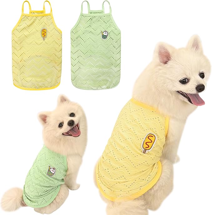 Yanmucy 2 Pieces Dog Summer Clothes Cute Embroidery Dog Striped Tank Top Vest Breathable Puppy Sleeveless Shirt for Small Dogs Cats (Yellow+Green, Medium)