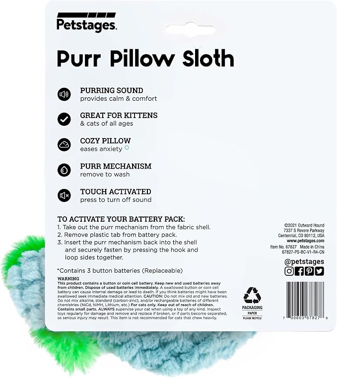 Catstages Purr Pillow Snoozin' Sloth Soothing Plush Cat