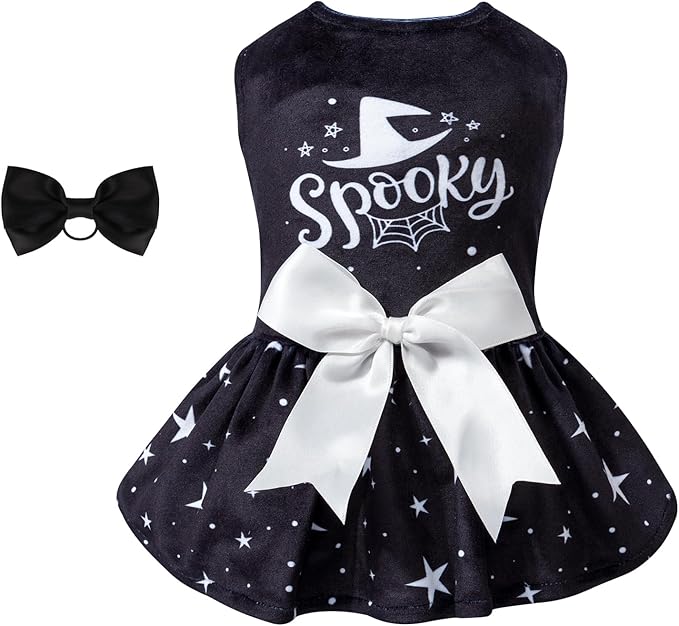 CuteBone Dog Dresses Velvet Holiday Small Dogs Clothes Onesie Pet Apparel Girl Puppy Skirt with Bow Hair Rope CVA23XS-D