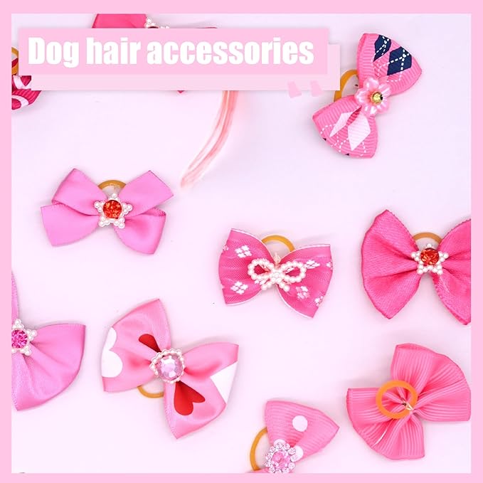 12 Pcs Small Dog Hair Bows with Rubber Bands Bowknot Dog Hair Accessories for Puppy Kitten (Pink)
