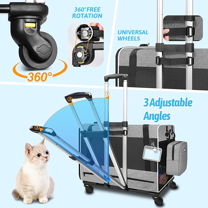 Petskd Large Pet Carrier with Wheels 24"x17"x17" for Large Cats 2 Cats