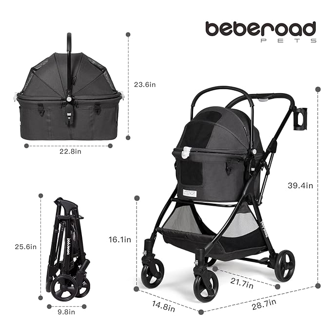 Medium Pet Stroller for Small Dogs & Cats 180° Canopy 3-in-1 Pet