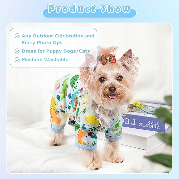 Dog Pajamas Pjs Spring Summer Dog Clothes for Small Dogs Girl Boy Soft Stretchy Puppy Clothes Onesie Cat Pet Jammies Outfit (Blue Dinosaur