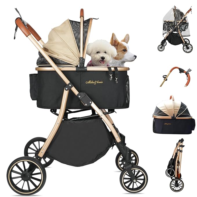 MILA&LOUIS 3 in 1 Folding Dog Stroller 4 Wheels 30lbs, Dog