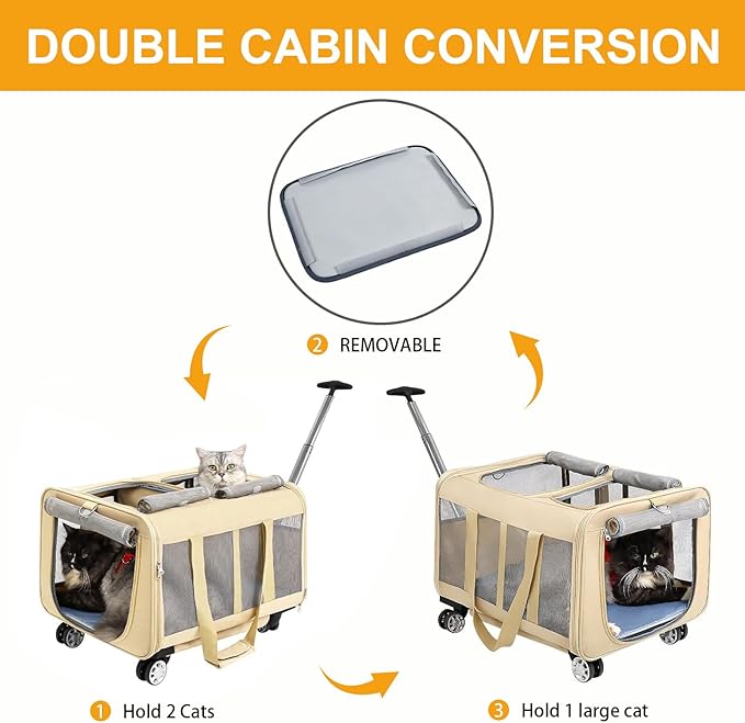 Double Compartment Cat Carrier with Wheels for 2 Small and Medium Cats 2 Cats,Ideal Traveling/Hiking/Camping,21" x 17" x 13", Not