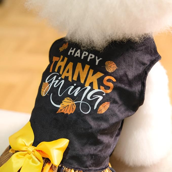 CuteBone Happy Thanksgiving Day Dog Dress Velvet for Small Dogs Girl Puppy Dresses Yellow Plaid Dog Clothes CVA03XXS-D