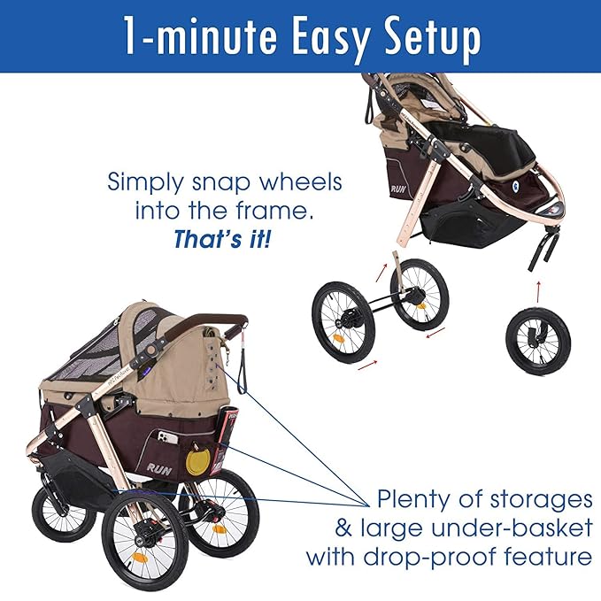 HPZ Pet Rover Run Performance Jogging Sports Stroller with Comfort Rubber Wheels/Zipper-Less Entry/1-Hand Quick Fold/Aluminum Frame for Small/Medium Dogs