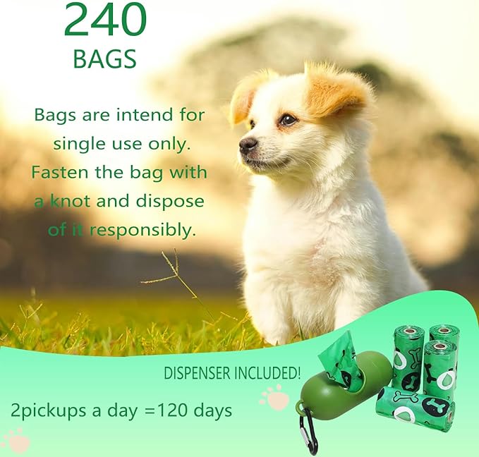 Poop Bags For Dog 240 Counts Waste Bags For Dog Poop Green16 Refill Rolls Doggie Poop Bags With Free Dispenser 100% Leak-Proof