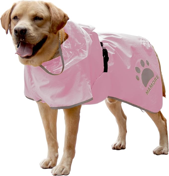 MAMORE Dog Raincoat Hooded Poncho,Waterproof Dog Rain Coat with Reflective Strip, Adjustable Lightweight Dog Rain Jacket with Double Layer for Large Medium Small Dogs (Pink, XXX-Large)