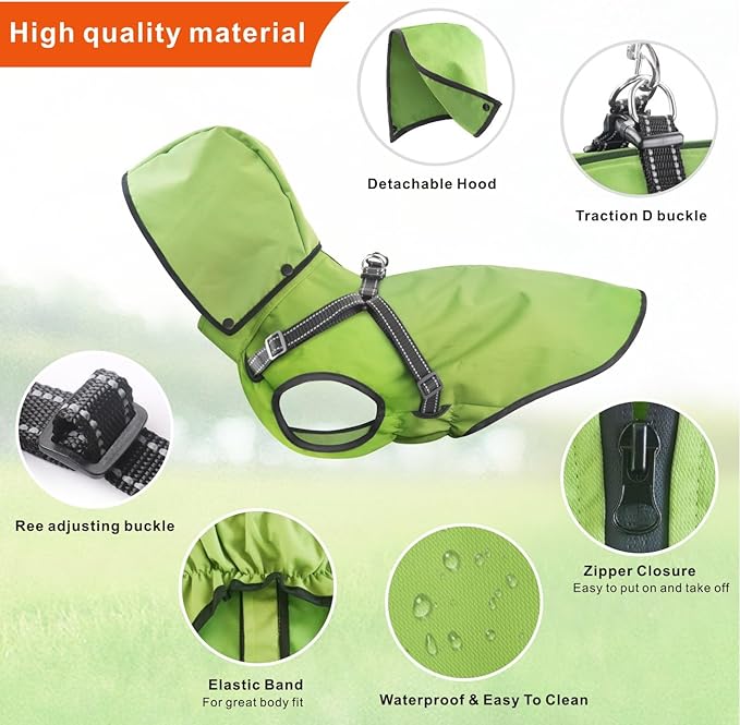 Mosucoirl Dog Raincoat Waterproof Dog Hoodie Reflective Dog Raincoat Hooded Adjustable Rain Jacket for Small Medium Large Dogs Puppies (Green, XXL)