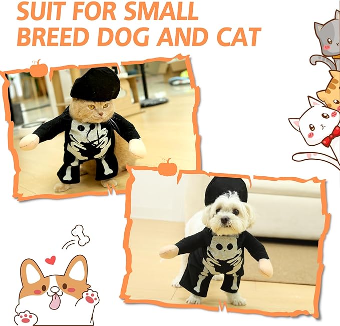 Dog Costume Halloween Skeleton Skull Outfit and Hat for Cats