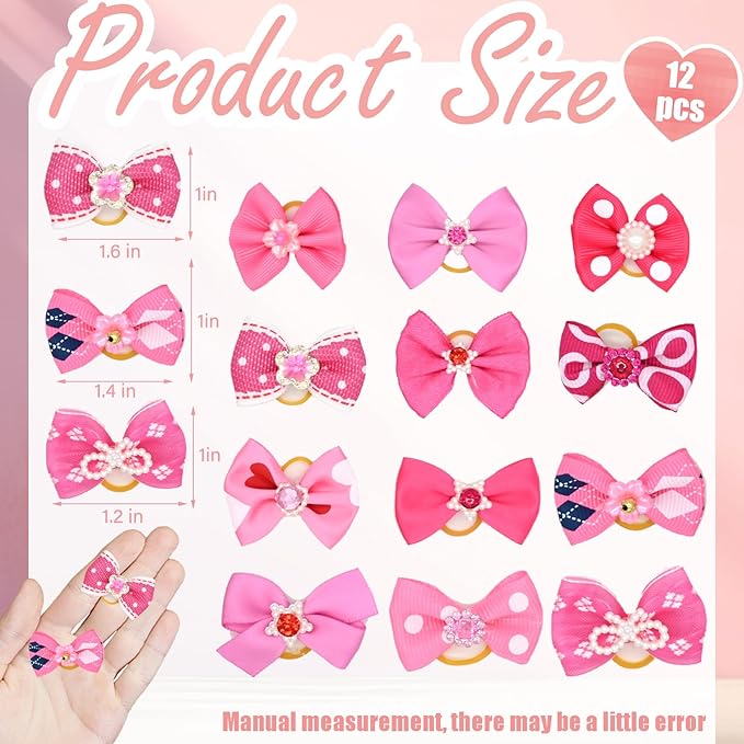 12 Pcs Small Dog Hair Bows with Rubber Bands Bowknot Dog Hair Accessories for Puppy Kitten (Pink)