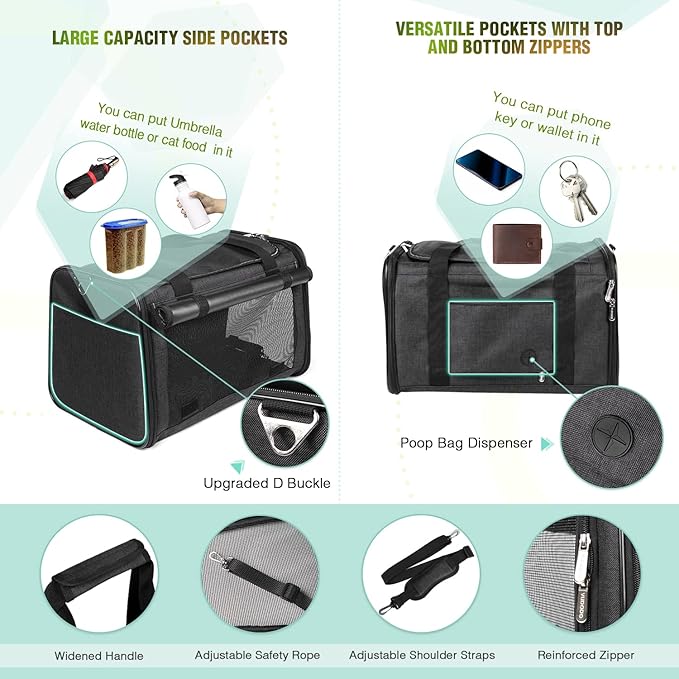 YUDODO 25 lbs Lightproof Pet Carriers Airline Approved Dog Cat Travel Soft Sided Carrier Reflective Mesh Safe Pet Cat Carrier Foldable Portable Small Animal Rabbit Puppy Cat Carrier (Large