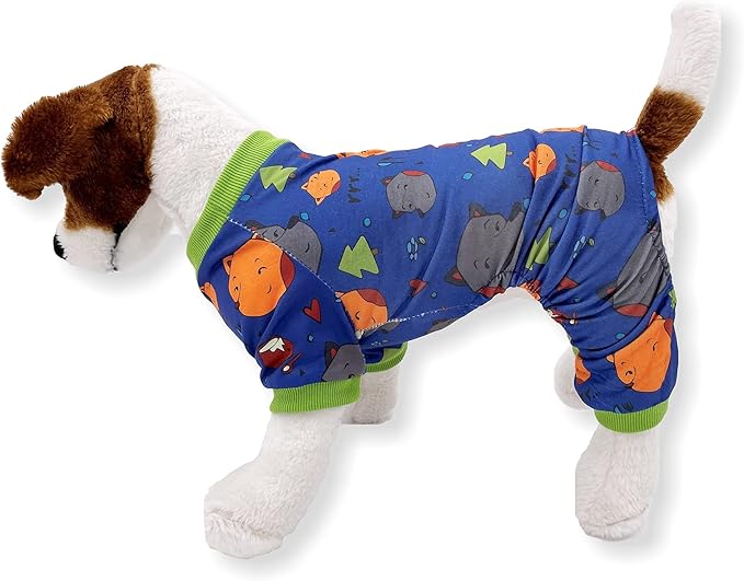 Dog Pajamas Soft COTTON Blend Jumpsuit Cute Pet Clothes for Small Medium Pet (Dark Blue Forest 12", Chest 14" - 17")