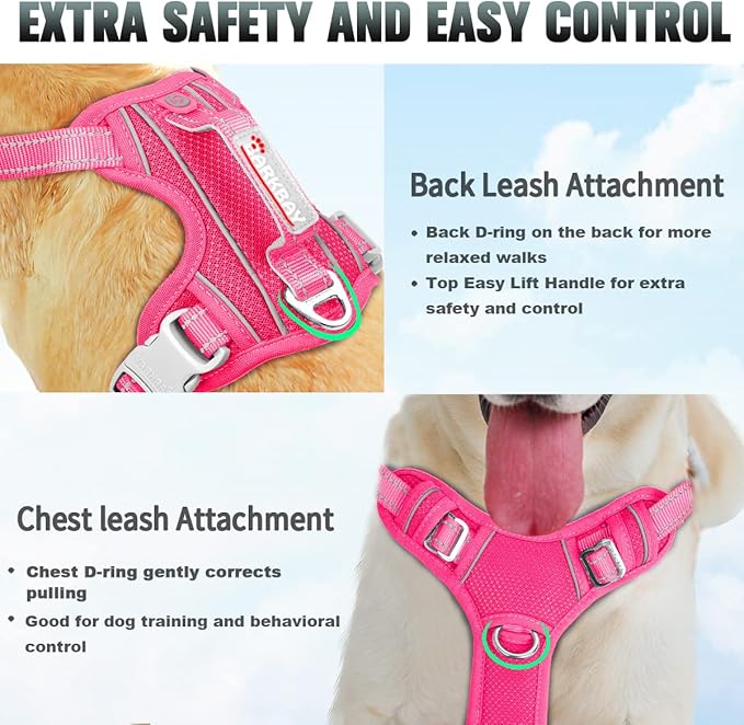 BARKBAY No Pull Dog Harness Large Step in Reflective Dog Harness with Front Clip and Easy Control Handle for Walking Training Running with ID tag Pocket(Pink