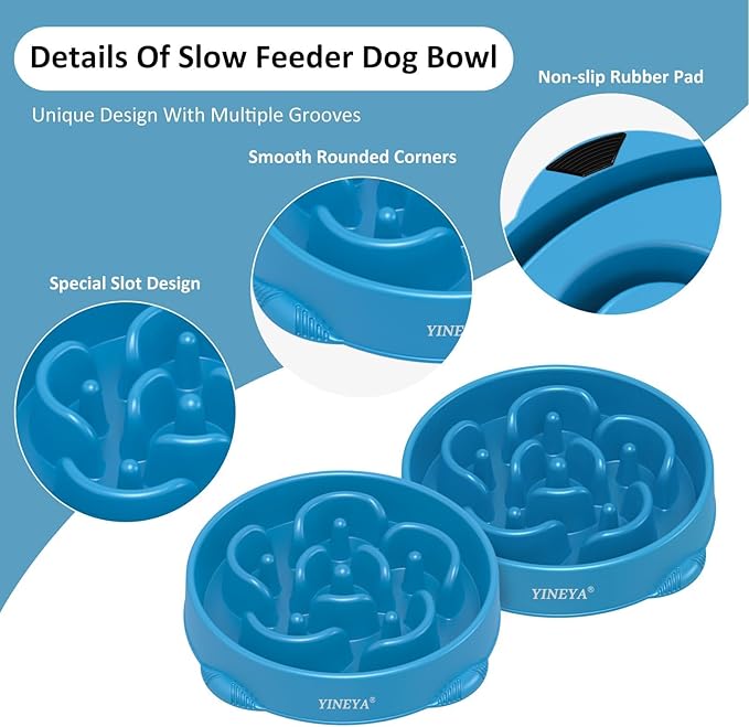 4 Cups Slow Feeder Dog Bowls Large Breed 1Pcs (Blue)