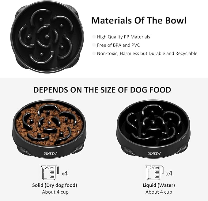4 Cups Slow Feeder Dog Bowls Large Breed 1Pcs (Black)
