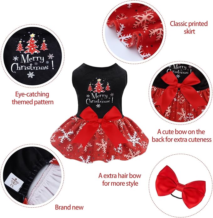 CuteBone Christmas Dog Dresses Velvet Holiday Small Dogs Clothes Onesie Pet Apparel Girl Puppy Skirt with Bow Hair Rope CVA54M-D