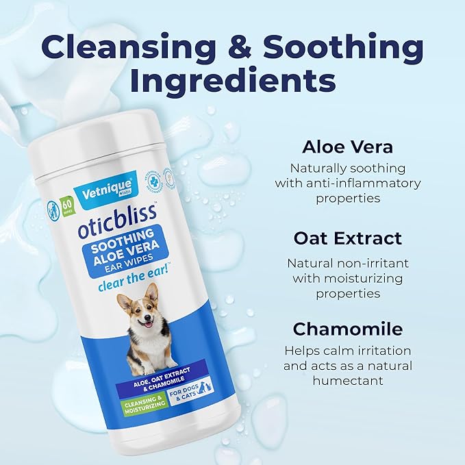 Vetnique Labs Oticbliss Ear Cleaner Wipes/Flushes for Dogs & Cats with Odor Control and Itch Relief Reduces Head Shaking