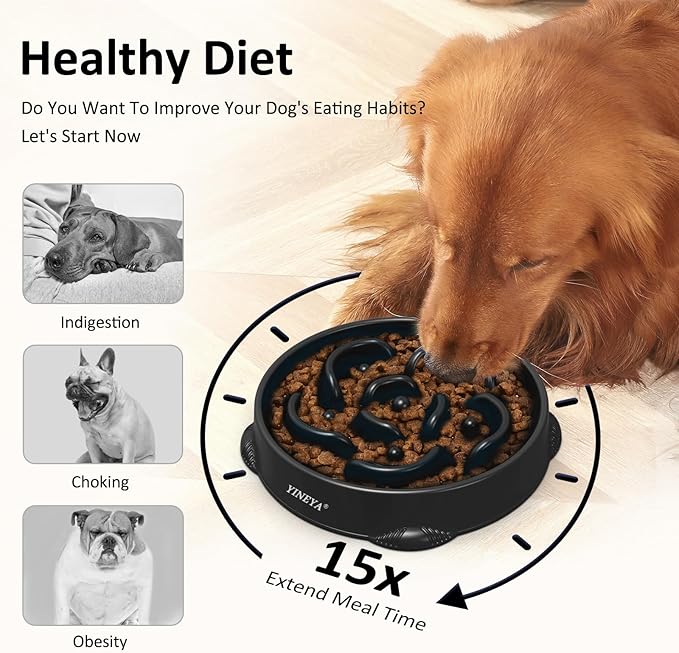 4 Cups Slow Feeder Dog Bowls Large Breed 1Pcs (Black)