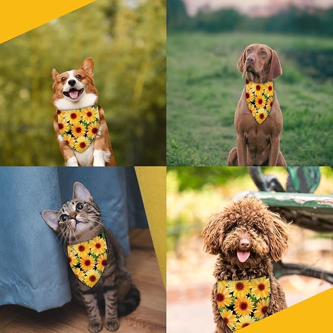 Sunflower with Leaves Dog Bandana Washable Pets Scarf Triangle Adjustable Handkerchief