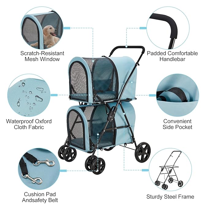 Double Pet Stroller for Dogs and Cats with 2 Detachable Carrier 4 Wheels,