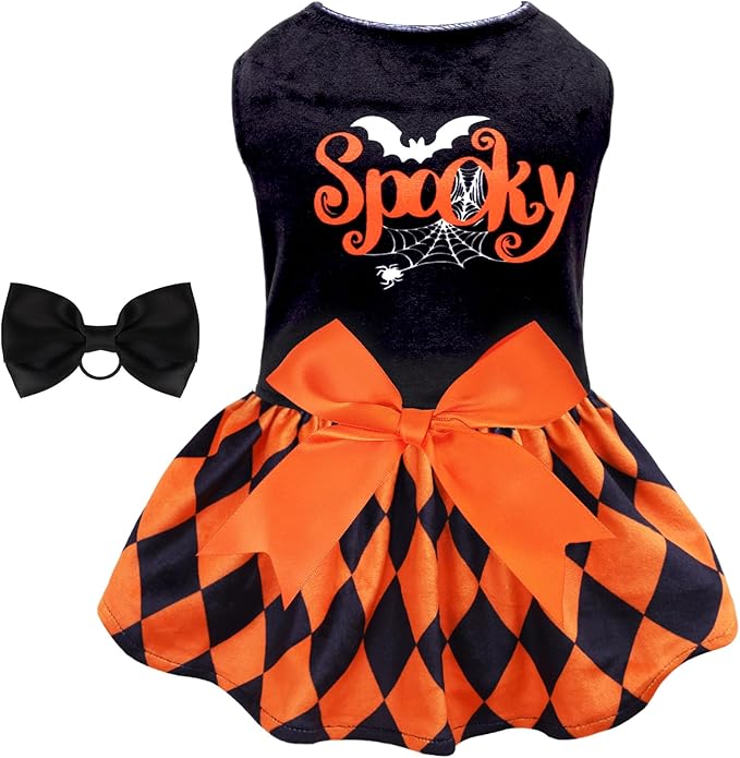 CuteBone Halloween Dog Dresses Velvet Holiday Small Dogs Clothes Onesie Pet Apparel Girl Puppy Skirt with Bow Hair Rope CVA42M-D
