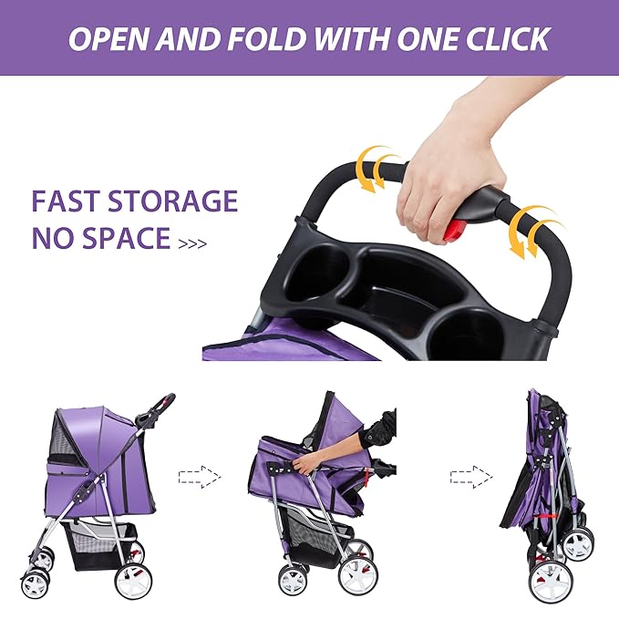 4 Wheels Pet Stroller for Small Medium Dogs Cats 33 lbs