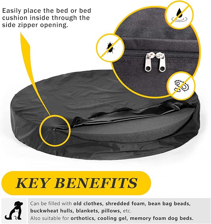 Round Dog Bed Replacement Cover 36D × 4H Inches Washable Black Thickened Waterproof Oxford Fabric with Handle and Zipper Reusable Dog Bed Liner for Small to Medium 25-35 Lbs Puppy