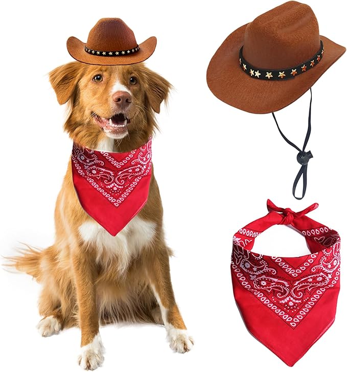 Dog Cowboy Hat Cat Cowboy Hat Mini Cowboy Hat for Dogs Cat Pet Cowboy Costume with Bandana Scarf Holiday Halloween Pet Party Decoration (brown