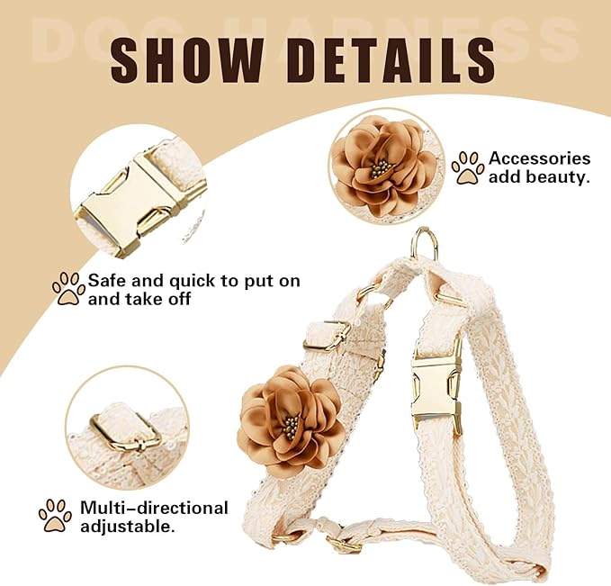 Female Dog Harness Leash Set for Large Dogs Cute Girl Dog Harness Soft Leather No Pull Dog Harness with Comfortable Padded Handle for Dog Wedding Birthday Outfit Easy Walking (White