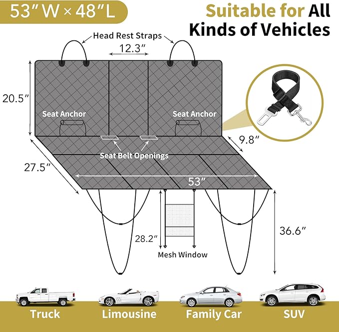 Easy-Going Waterproof Back Seat Extender for Dogs (53"x48", Grey)