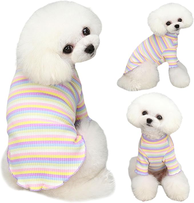 Small Medium Dog Clothes Rainbow Striped Dog Shirts Stretchable Long Sleeve Cat T-Shirt Pet Outfits for Chihuahua Yorkie Teddy (Purple Edge, Small)