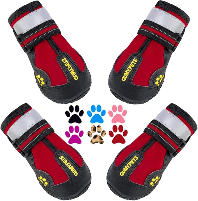 QUMY Dog Shoes for Large Dogs, Medium Dog Boots & Paw Protectors for Winter Snowy Day, Summer Hot Pavement, Waterproof in Rainy Weather, Outdoor Walking, Indoor Hardfloors Anti Slip Sole Red Size 8