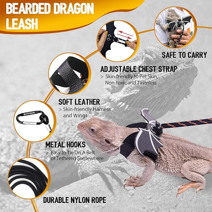 WATFOON Adjustable Lizard Leash Bearded Dragon Harness Leather Cool Wings Training Leashes Reptile Carrier Bearded Dragon Sling Carrier (Black