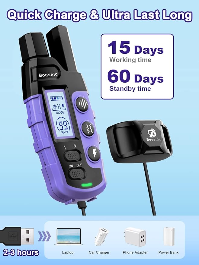 Bousnic Dog Shock Collar 2 Dogs (5-120Lbs) 3300 ft (1-8) Vibration (1-16) and (1-99) Modes