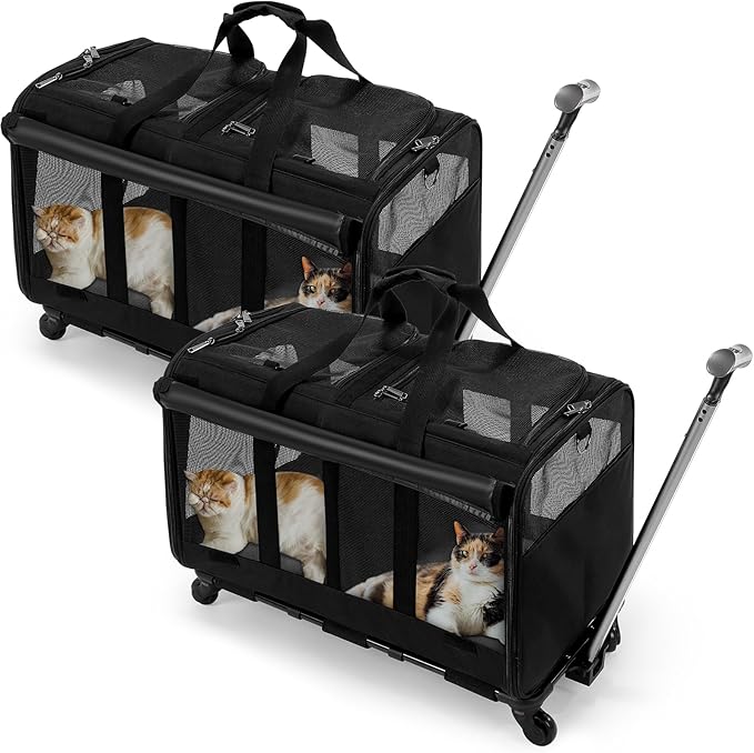2 Set Double Cat Carrier with Wheel 2 Cats,Rolling