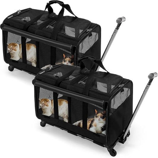 2 Set Double Cat Carrier with Wheel 2 Cats,Rolling