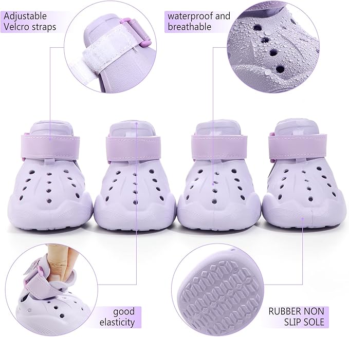 Dog Shoes, Dog Sandals for Hot Pavement Outdoor Dog Boots Non-Slip Waterproof Dog Booties for Summer 4Pcs Dog crocs with Rugged Sole Purple