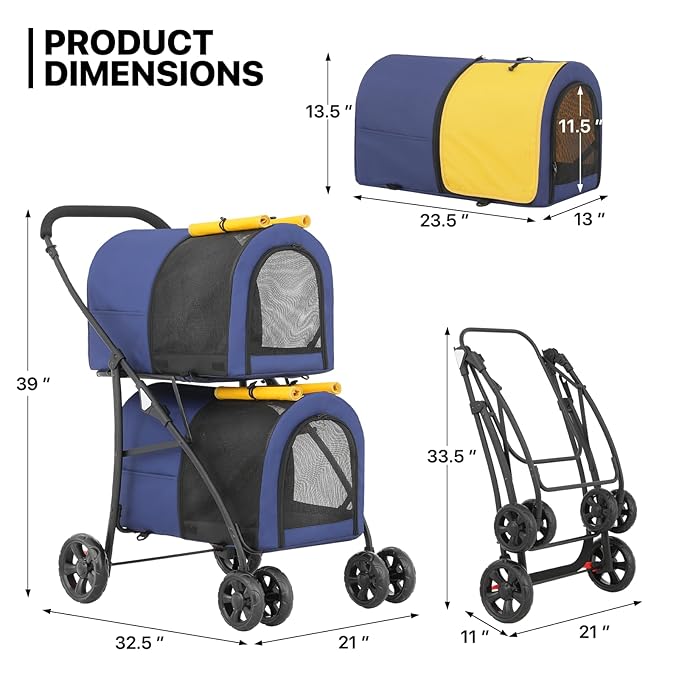 MoNiBloom Double Dog Stroller with Detachable Carrier Bags Large 4 Wheels Foldable Jogger for Small and Medium Dog Cats