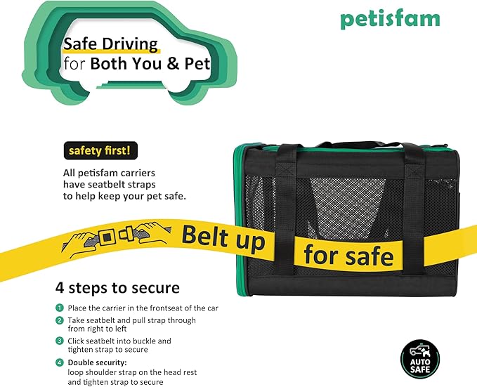 petisfam Easy Load Pet Carrier Bag for Medium or Large Cats with Durable Double-Thickness Fabric and Stable Structure. Black w/Green Trim